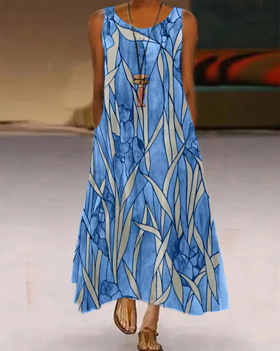 Women's Printed Pocket Round Neck Long Skirt