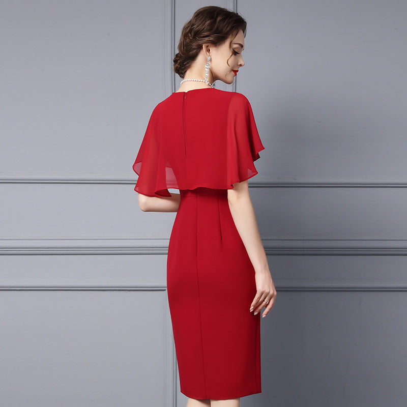 V-neck Shawl Sleeve Studded Diamond Banquet Buttocks Skirt