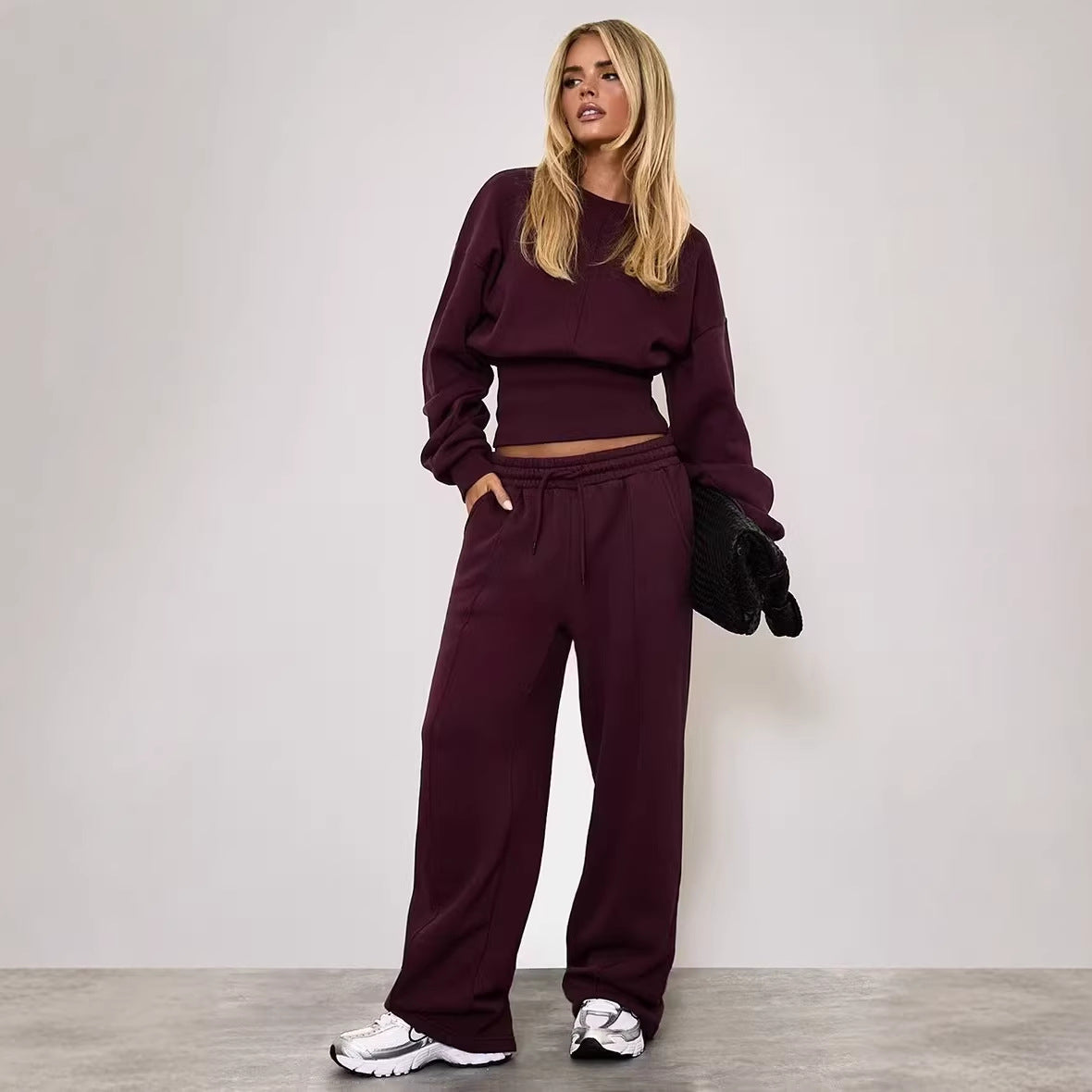 Women's Casual Sporty Long-Sleeve Drawstring Wide-Leg Pants Set