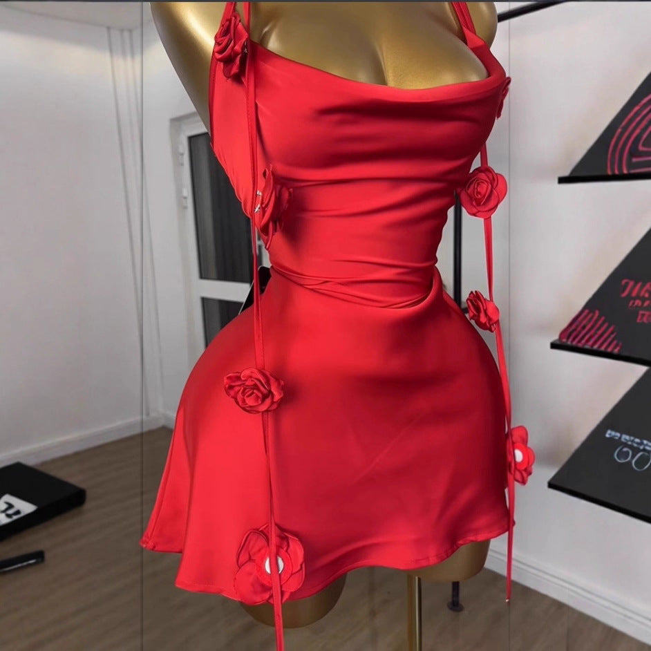 Womens Sleeveless Strap Dress With 3D Floral Design