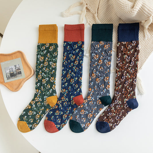 Women's Autumn And Winter Combed Cotton Floral Long Tube Socks
