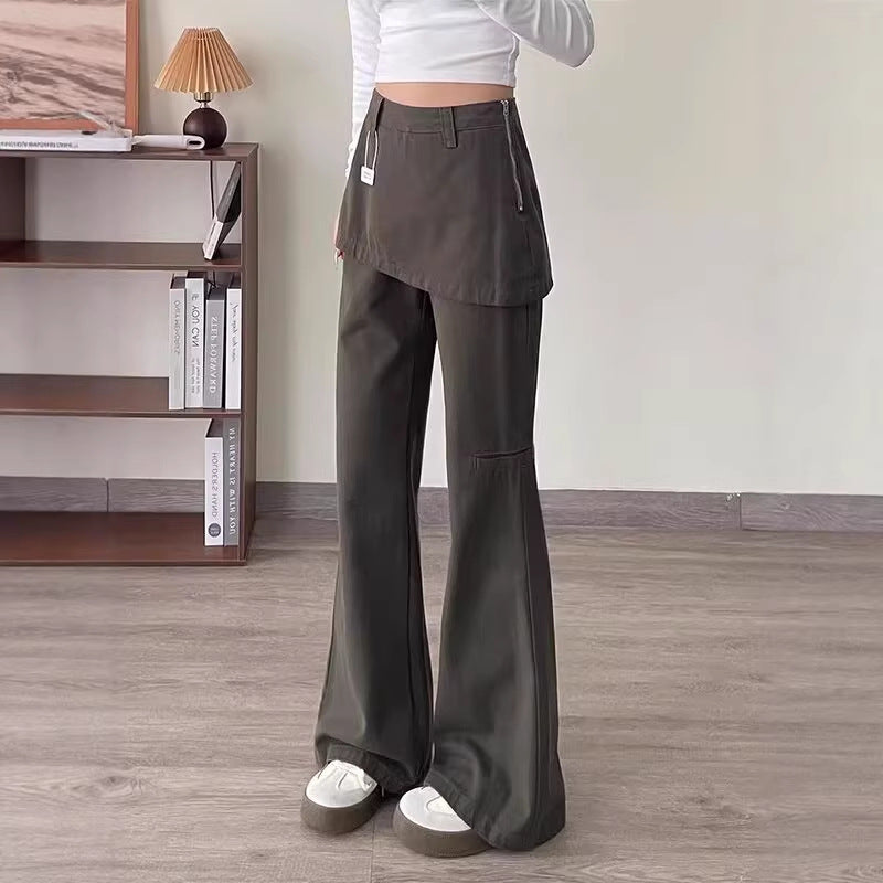 Womens Retro High Waisted Casual Loose Fake Two Piece Flared Cargo Pants