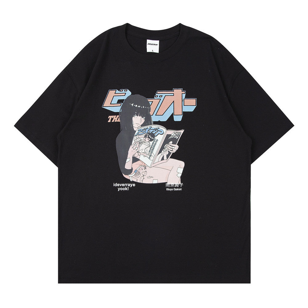 Loose Crew Neck Cartoon Print Short Sleeves