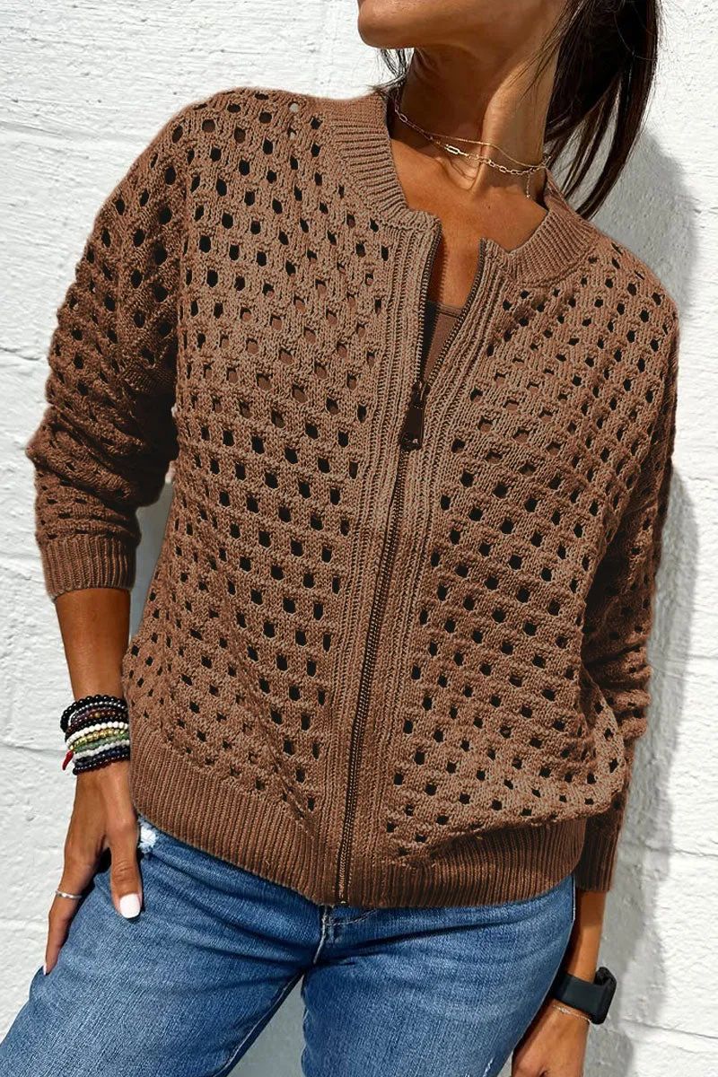 Fashion Hollow Knitted Jacket Zip-up Long-sleeved Tops Women's Clothing