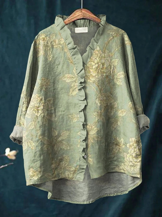 Floral Lace Collar Comfortable Casual Linen Round Neck Short Sleeve