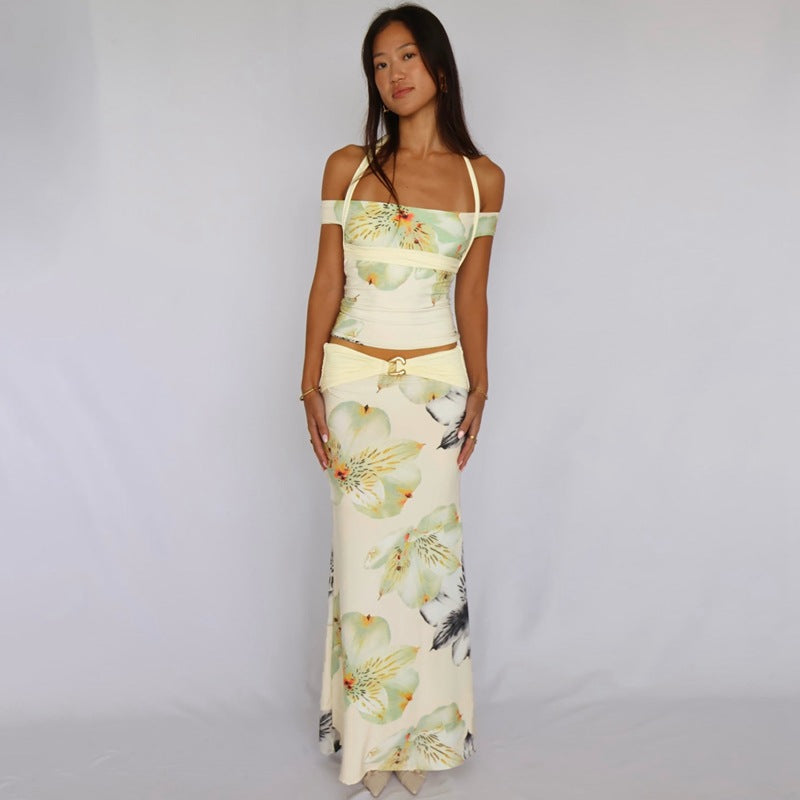 Sexy Backless Halter Top Slim-fit Printed Dress Two-piece Set
