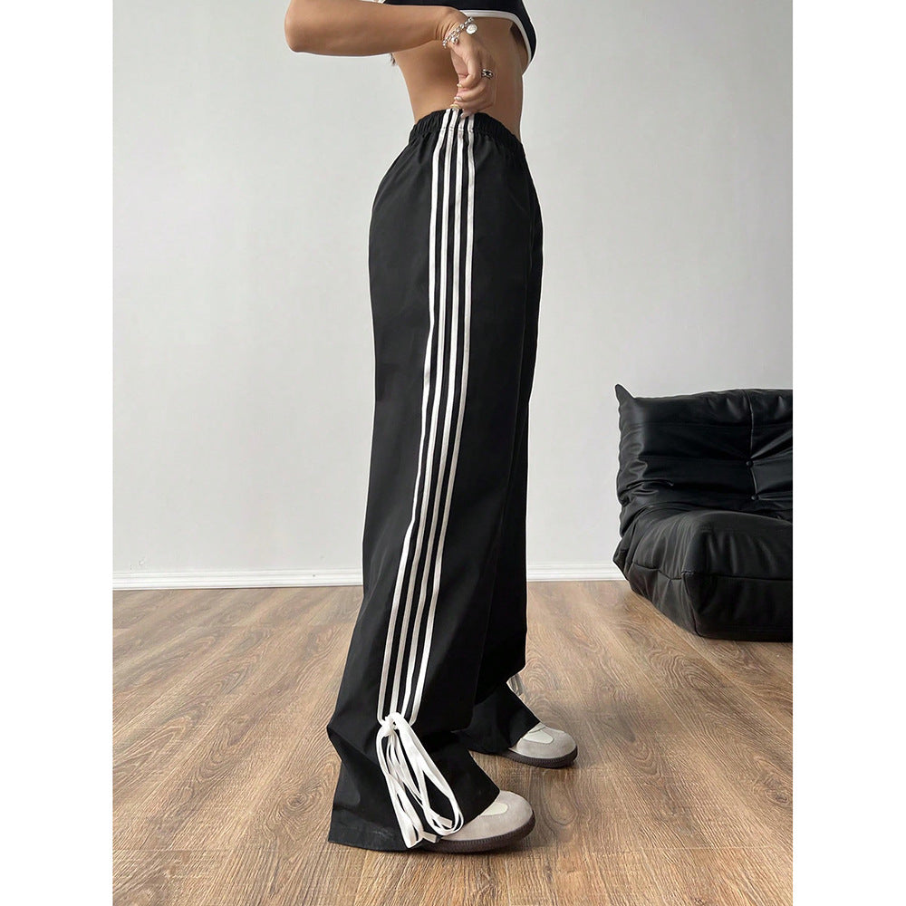 Womens High-Waisted Loose-Fit Wide-Leg Pants With Contrasting Striped Panels