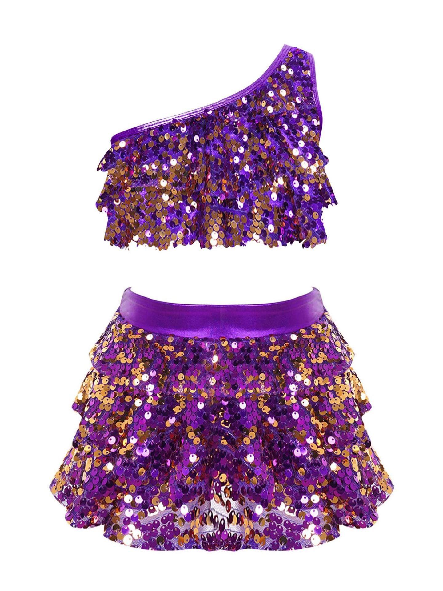 Solid-color Casual Sequin Slim-fit Skirt Set For Girls