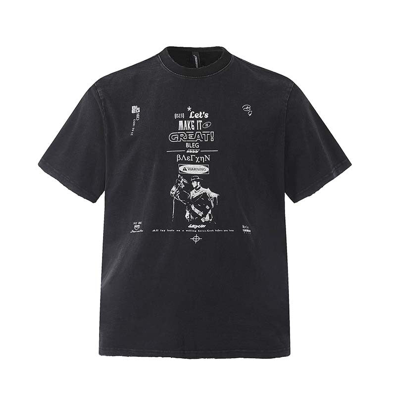 National Fashion American Washed Old Character Letter Print Short-sleeve