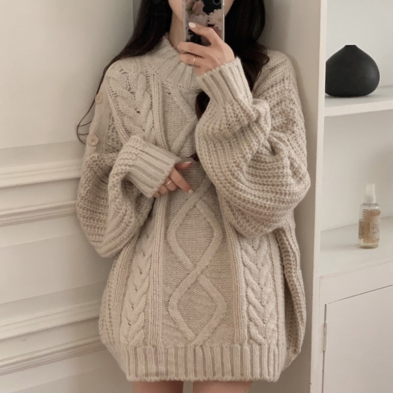 Side Button Hemp Pattern Design Loose Long Sleeve Knitted Sweater