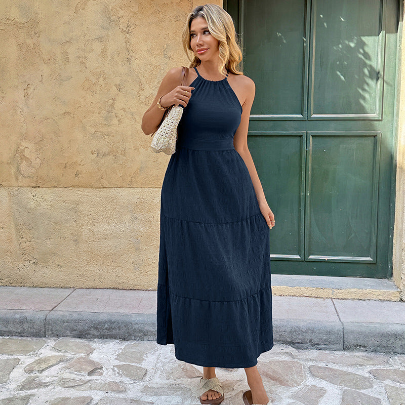 Casual Resort-style Halterneck Solid-color Waist-cinching Dress