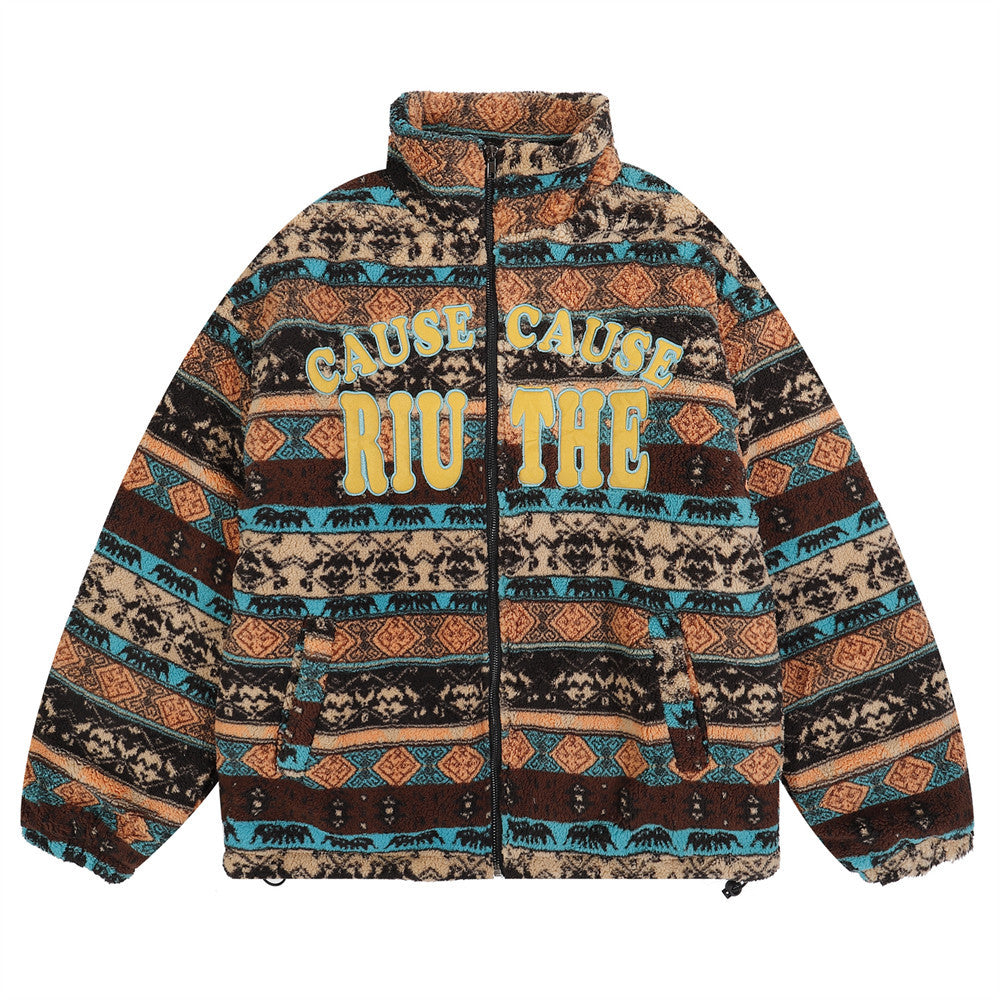Alphabet Embroidery Lamb Fleece Cotton Coat Male