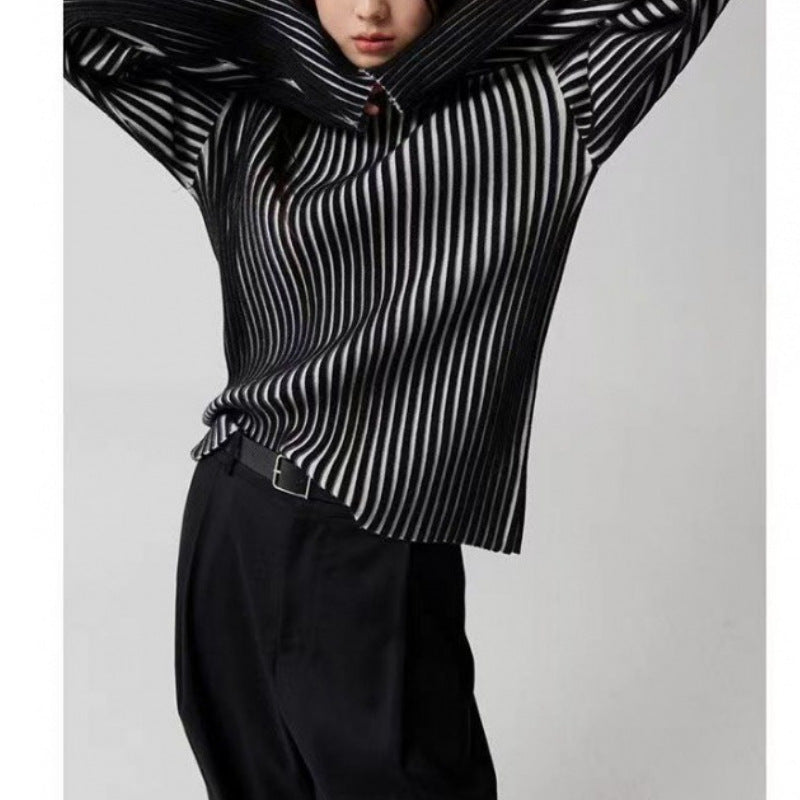 Long Sleeve Sweater Black And White Contrast Color Texture Half Turtleneck Sweater