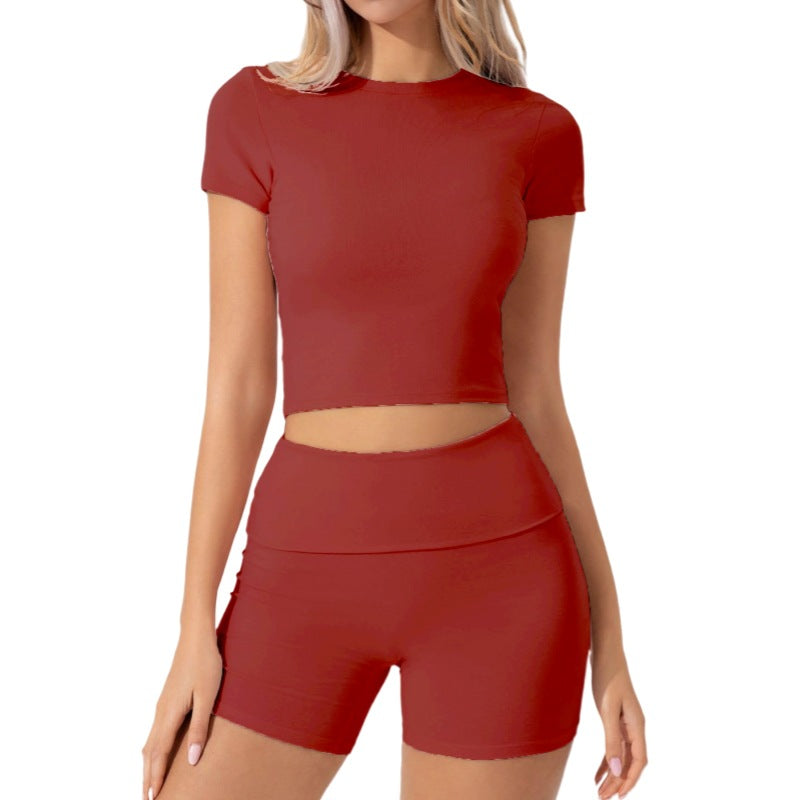 Womens Solid-Color Casual Crew-Neck Short-Sleeve Shorts Set
