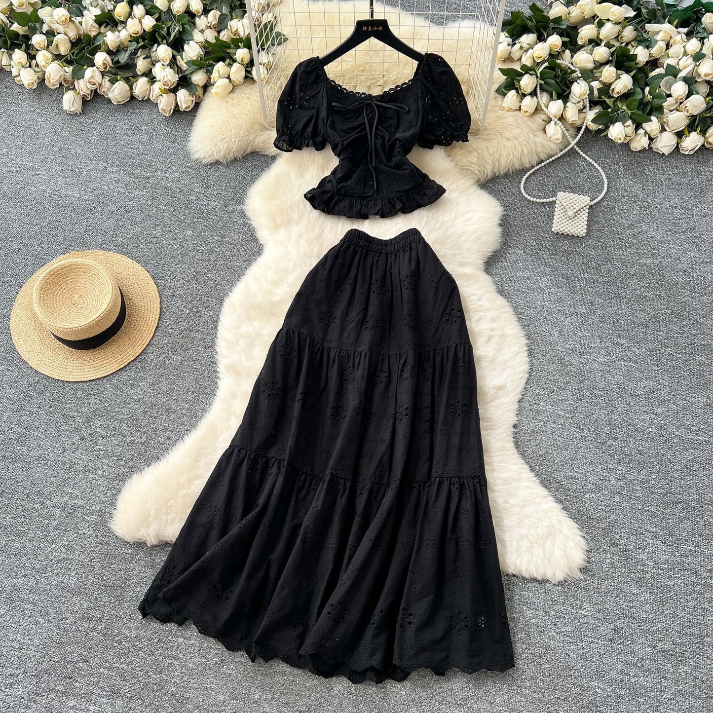 Womens Solid-Color, Defined-Waist, Square-Neck Puff-Sleeve Shirt And Skirt Set