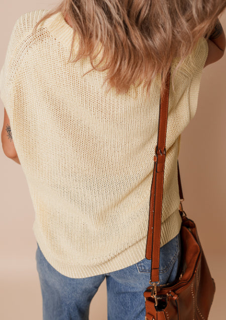Oatmeal Solid Color Batwing Short Sleeve Round Neck Knit T Shirt