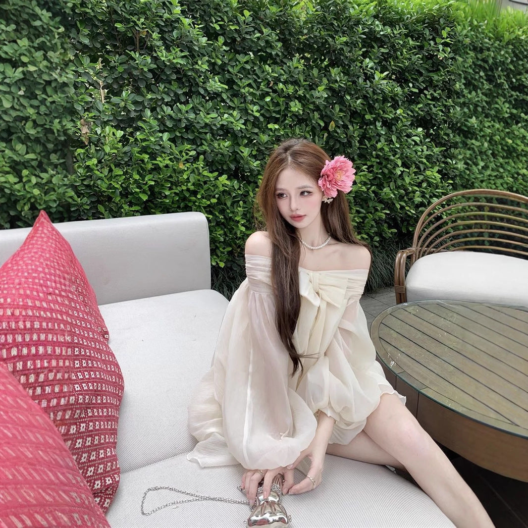 Womens Solid-Color French-Style Bow-Trimed Off-the-Shoulder Chiffon Dress