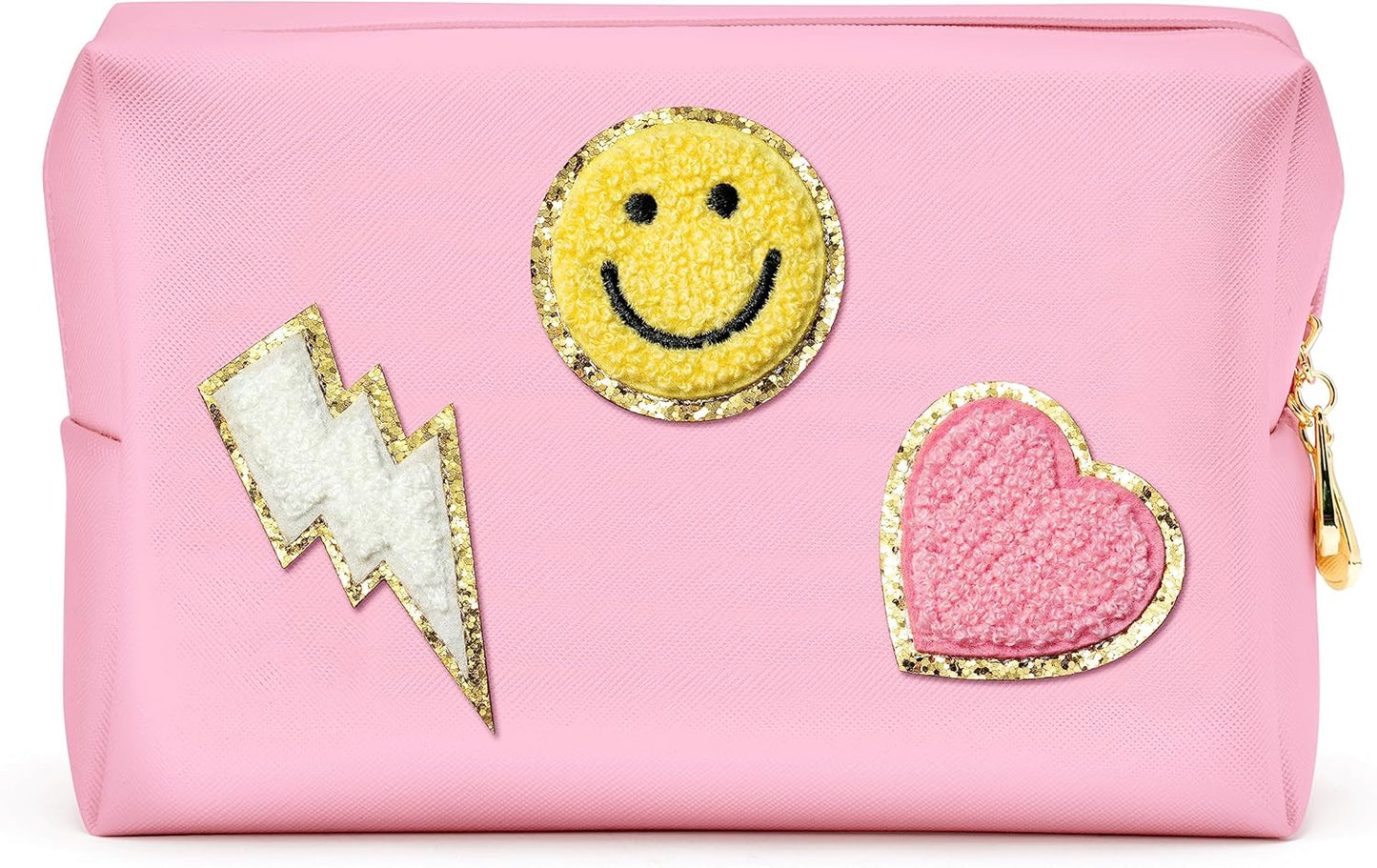 Preppy Patch Small Toiletry Bag Smile Lightning Heart PU Leather Portable Waterproof Makeup Cosmetic Bag Daily Use Storage Purse Travel Organizer Compliant Bag for Women Girls Gift (Pink)