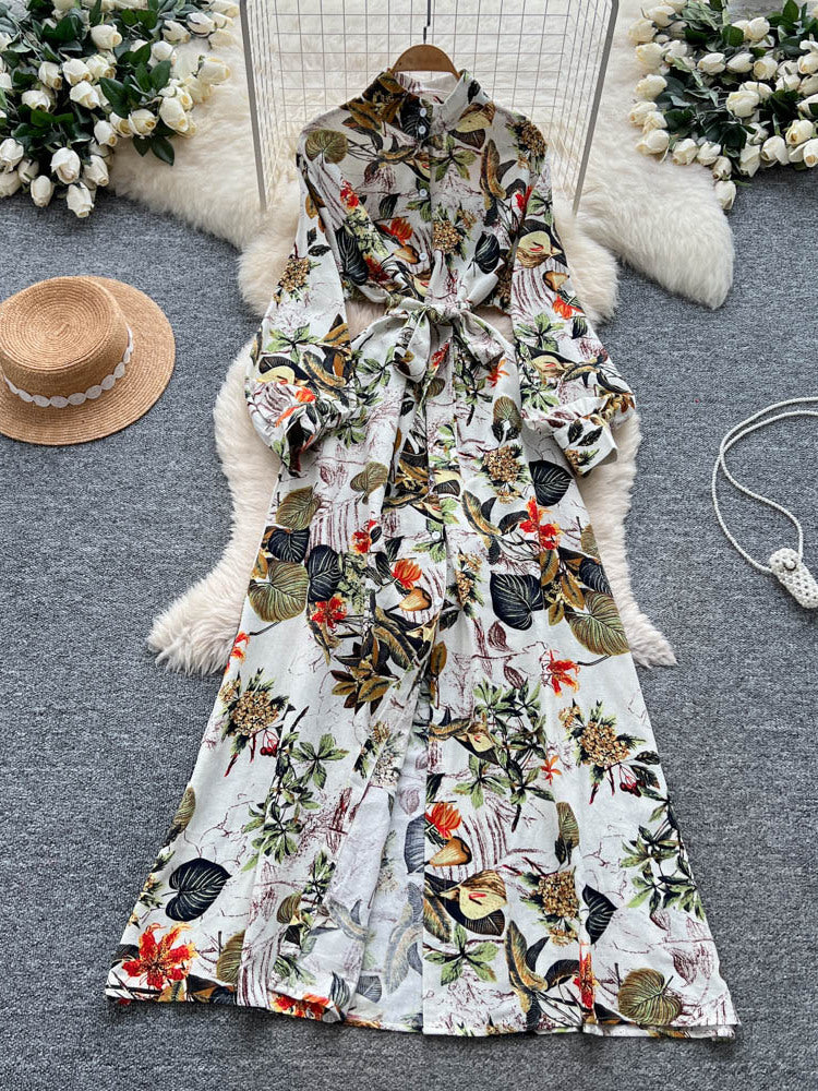 Fransk-inspireret retro elegant enkelttradet blomstret kjole med snøre i taljen til kvinder