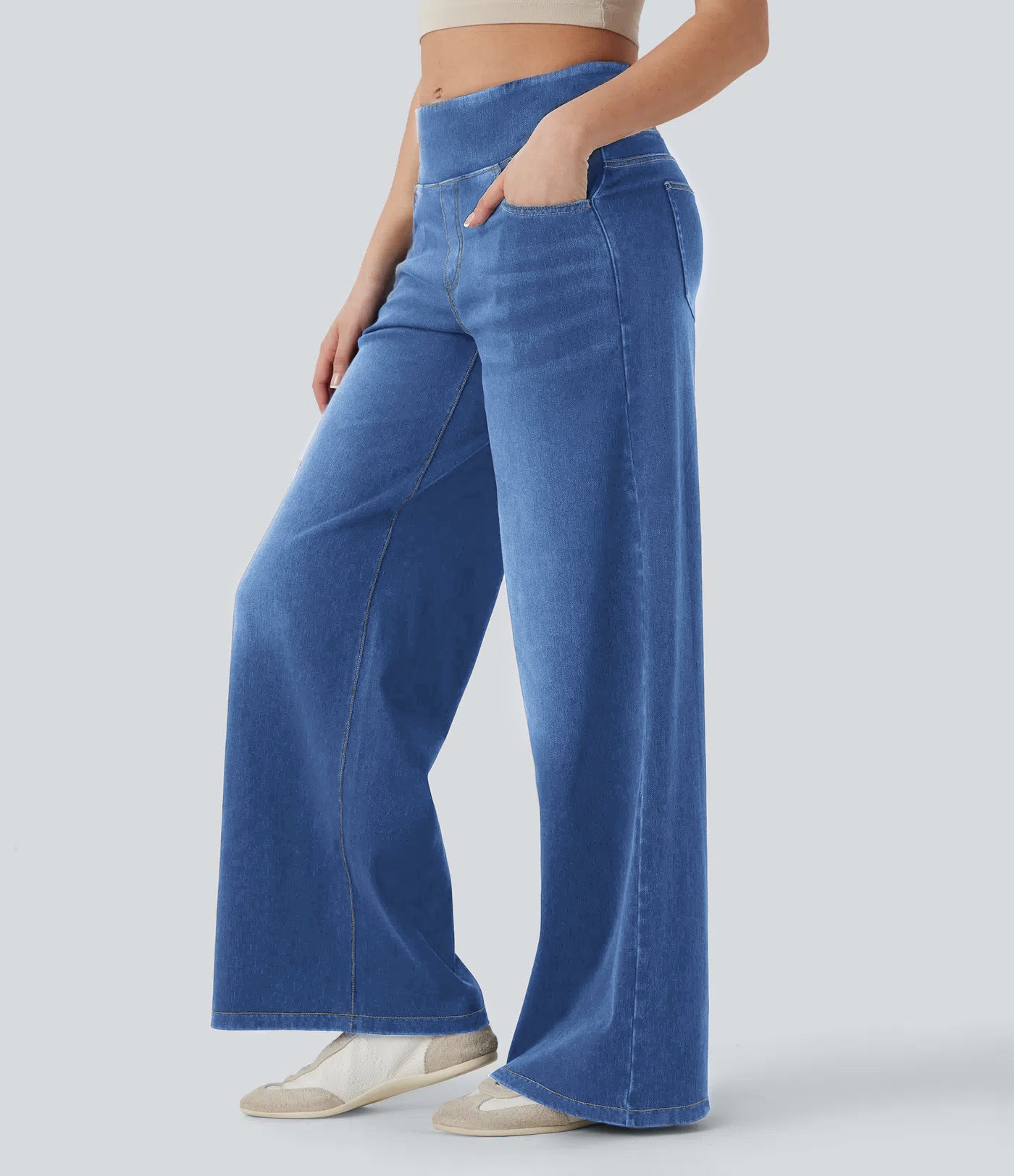 High-waisted Loose-fit Stretchy Wide-leg Jeans For Women