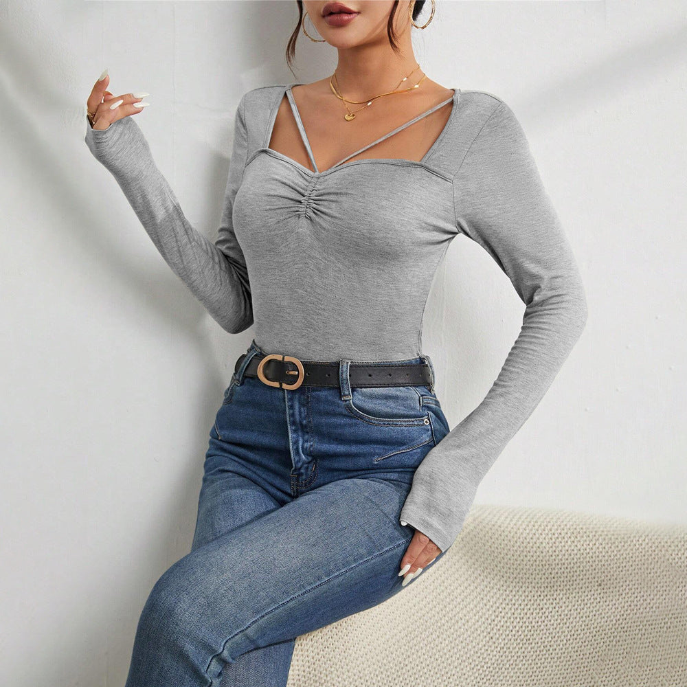 Women's Minimalist Design Square Neck T-shirt Slim And Versatile Autumn And Winter Base Layer