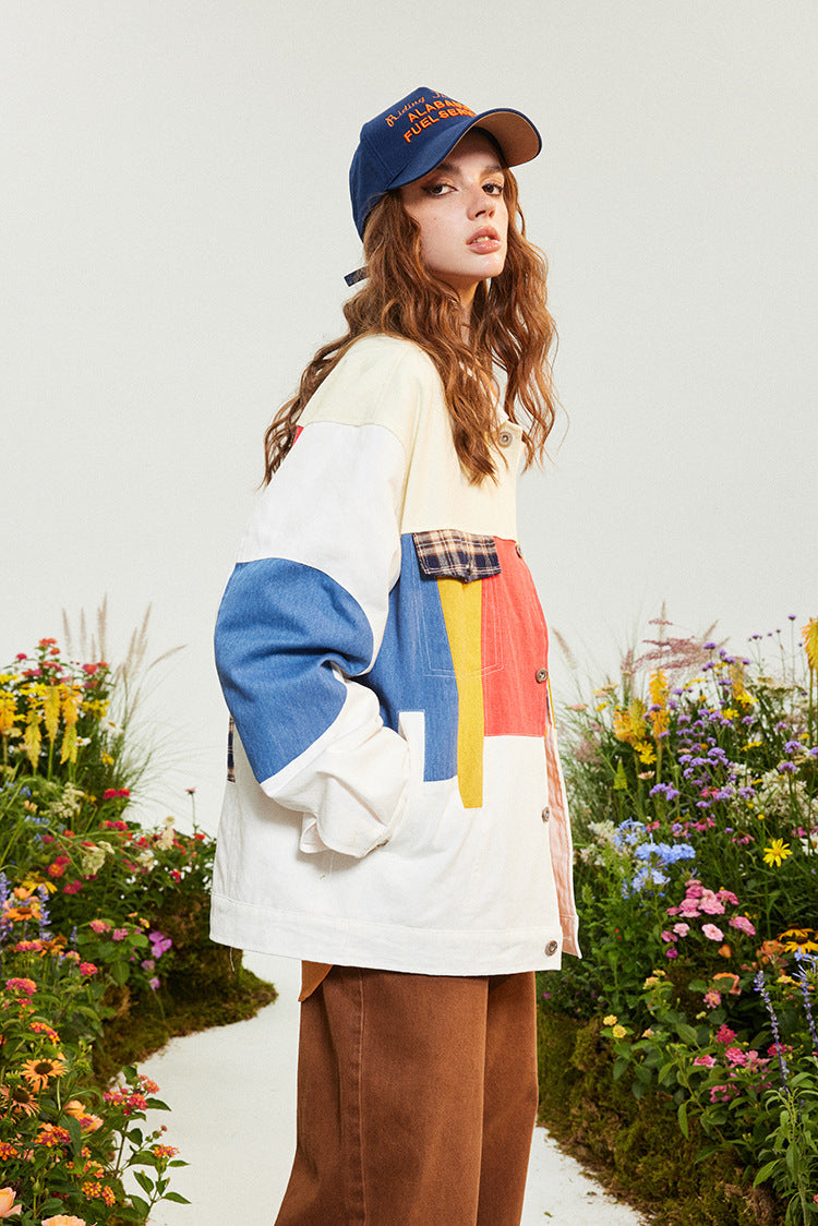 American Style Loose New Patchwork Contrast Color Coat