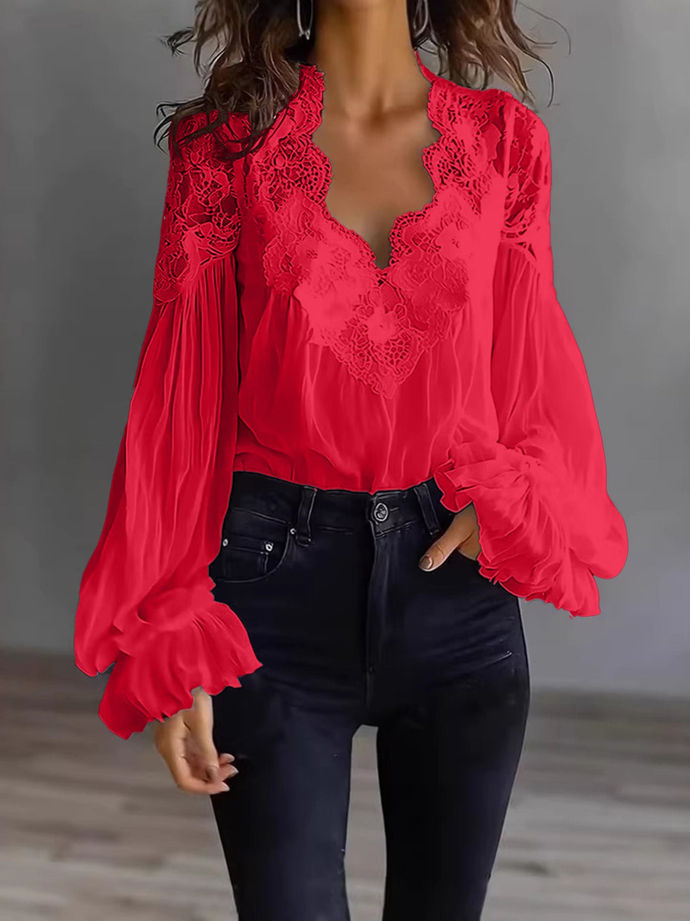 Lace-panelled Ruffled Puff-sleeve Pleated Shirt