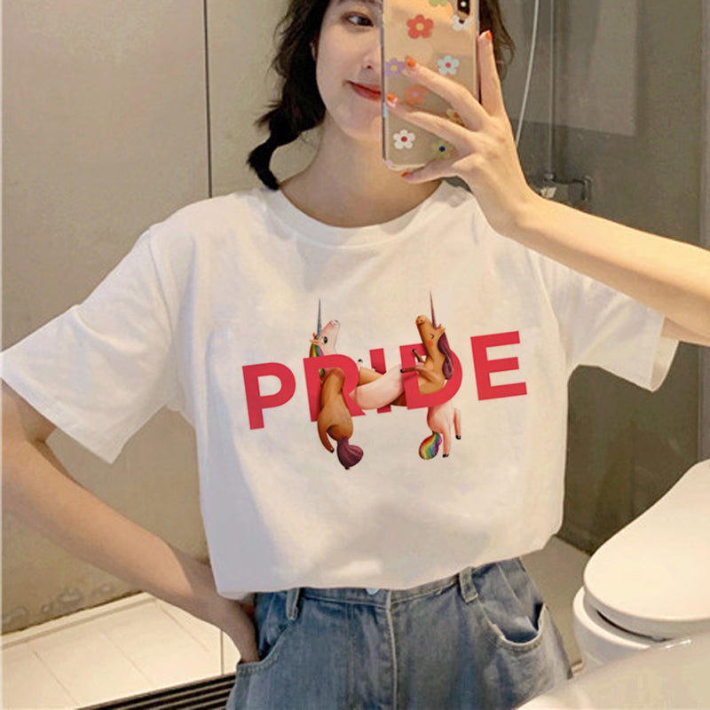 Personality Couple Wear Rainbow Letter Print Casual Short Sleeve T-Shirt
