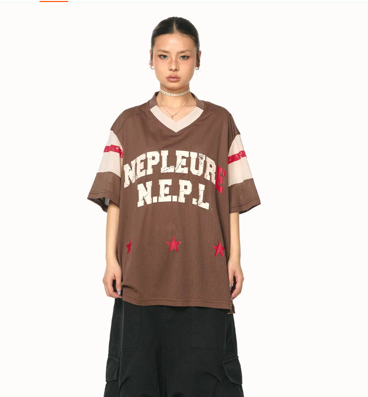 American Retro Patchwork V-neck Short Sleeve