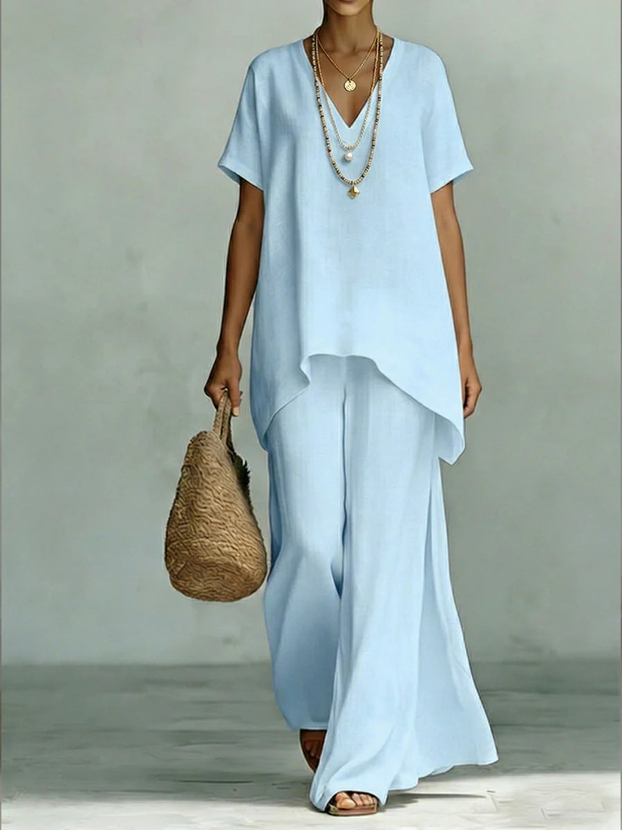 V-neck Short-sleeve Fashionable Loose Top And Wide-leg Pants Set