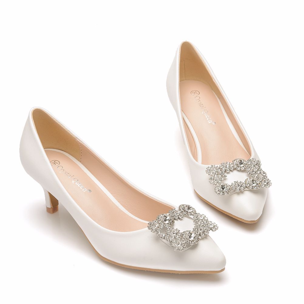 5cm Pointed Toe Shoes, Small Heel Mid-Heeled Shoes, Square Buckle Rhinestone Pointed Toe Shoes