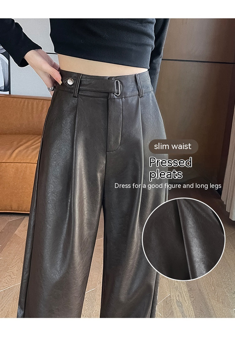 Black Matte Straight Leather Wide-leg Pants High Waist Drooping Slimming Off Pants