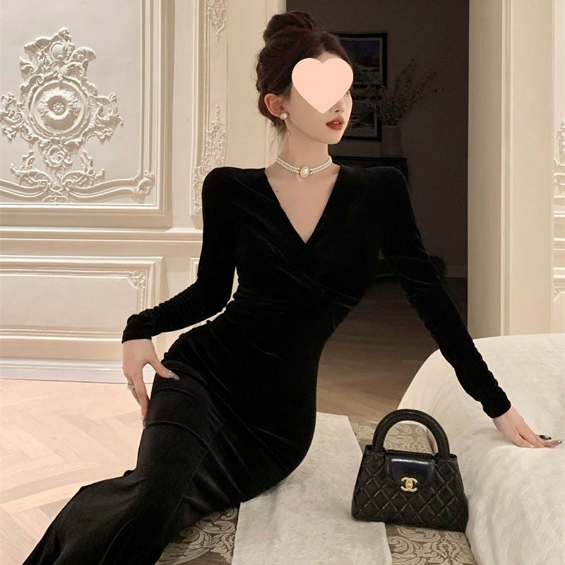 Red SpringAutumn Velvet Dress Velvet Gown