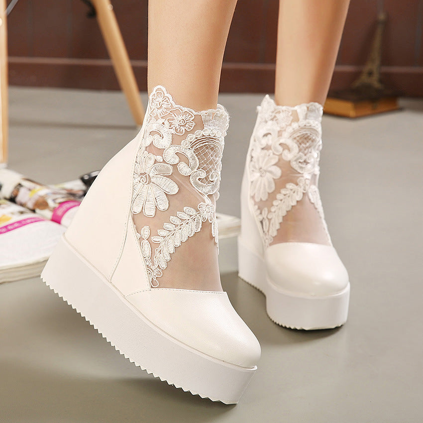Lace Hollow Inner Heightening Waterproof Platform Slope Heel Sandals