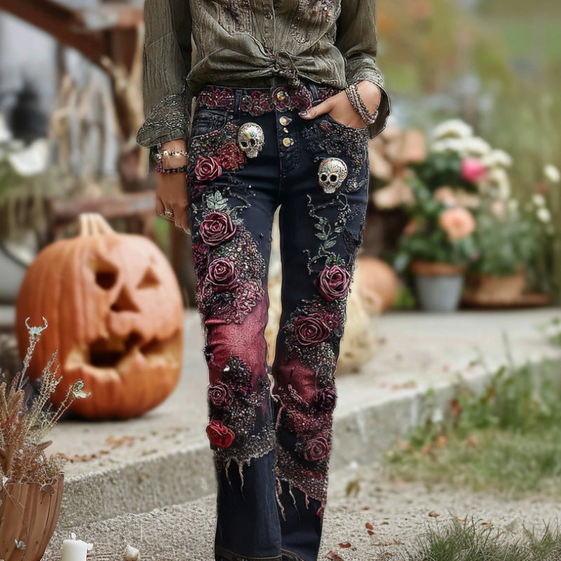 New 3D Heat-transfer Printed Flared Jeans-style Trousers In Faux Denim