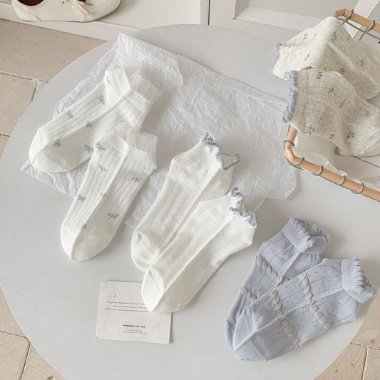 Summer Thin Versatile Spring Summer Girl Blue Japanese Socks Children's Thin Hollow Out Small Floral Boat Socks College Style