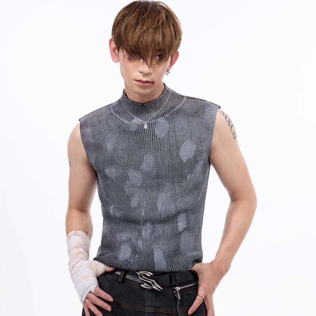 Silver Pastebrushing Wool Vest Men's Stretch Turtleneck Sleeveless T-shirt