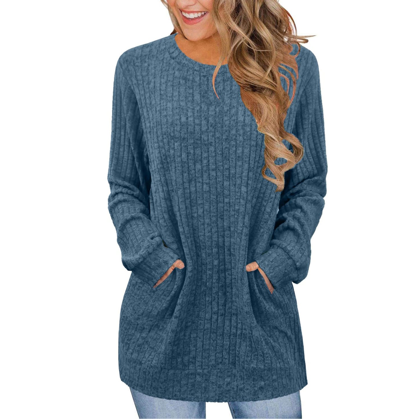 Casual Patchwork Crewneck Long-Sleeve Solid-Color Ribbed Sweater