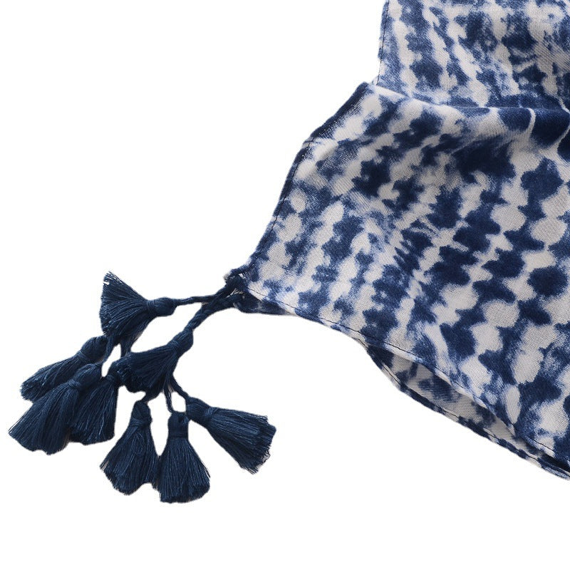 Blue And White Tie-dyed Cotton And Linen Feel Scarf Retro Artistic Travel Sun Protection Shawl