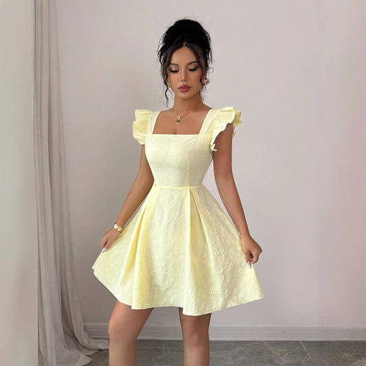 Sweet And Fresh High-Neck Pullover Jacquard Waist-Cinching Dress