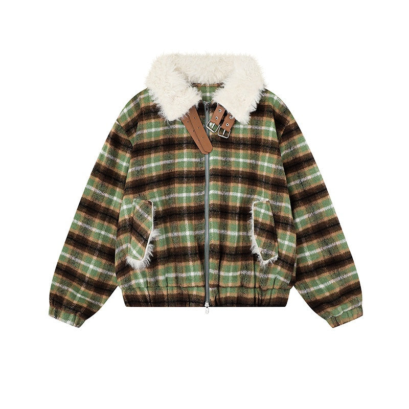 Womens American-Style Retro Color-Block Plaid Wool Coat With A Notch Lapel