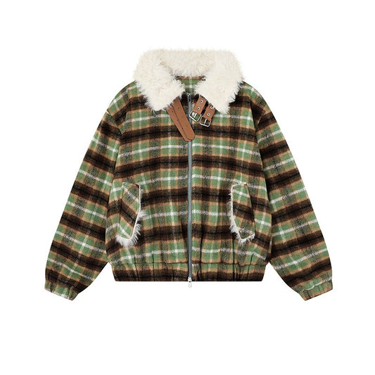 Womens American-Style Retro Color-Block Plaid Wool Coat With A Notch Lapel