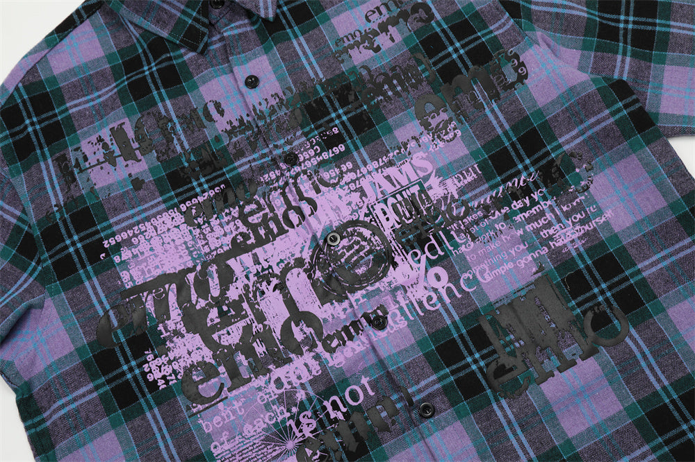 Plaid Long Sleeve Shirt Men's Letter Printed Cardigan
