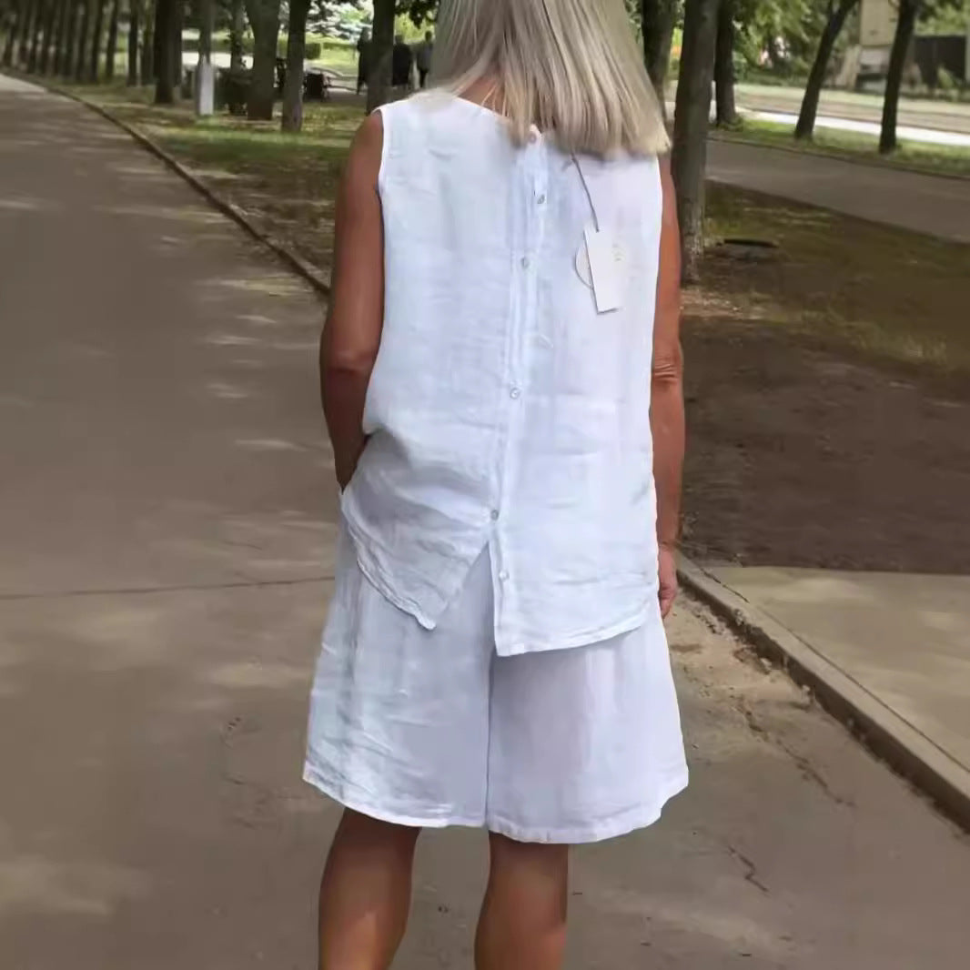 Women's Cotton-Linen Crew-Neck Sleeveless Casual Set