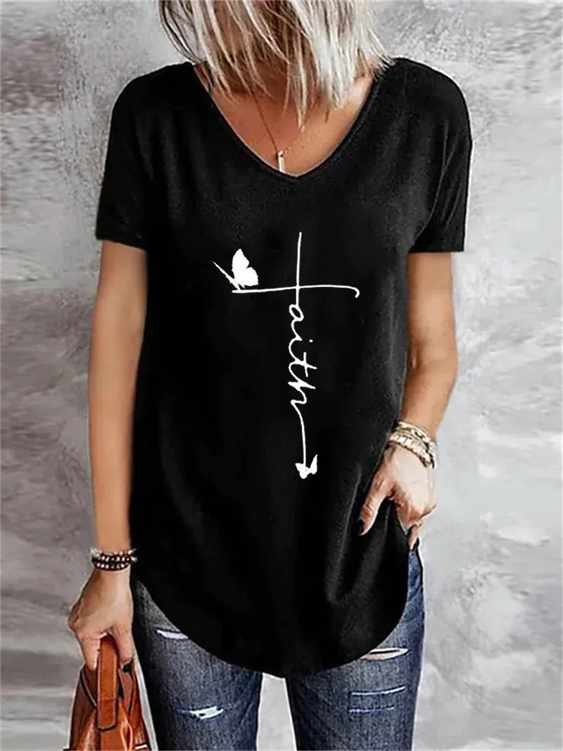 Women's V-neck Bottoming Long-sleeved Printed T-shirt