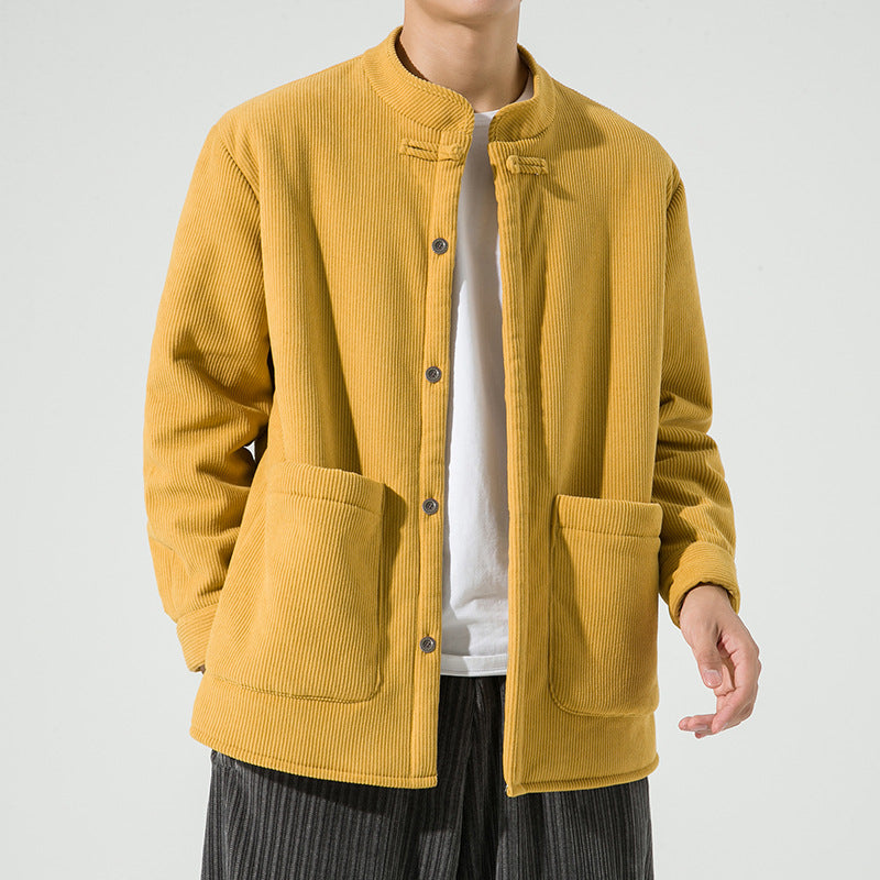 Men's Hanfu Stand Collar Buckle Corduroy Fleece Warm Jacket