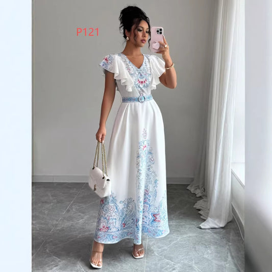 Stand-up Collar Double-breasted Front Lantern Sleeves Printed Long Dress With Lace Trim