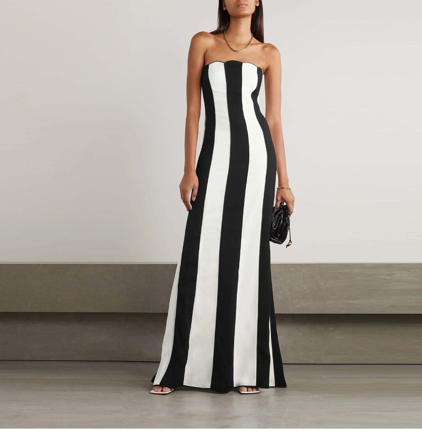 Tube-top Striped Black-and-white Patchwork Dress Womens Wrap-style