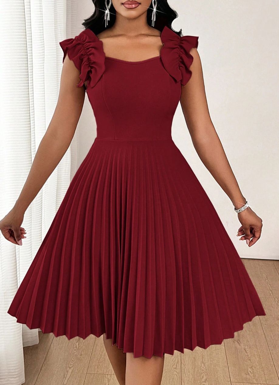 Womens Solid-Color Ruffle-Sleeve Square-Neck Pleated Dress