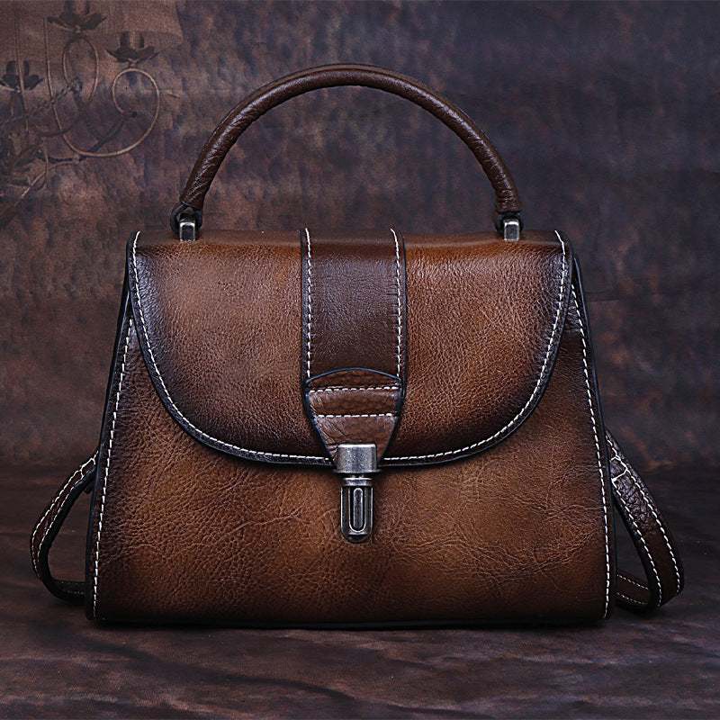 Top Layer Cowhide Fashion Small Bag Retro Style Rubbed Color